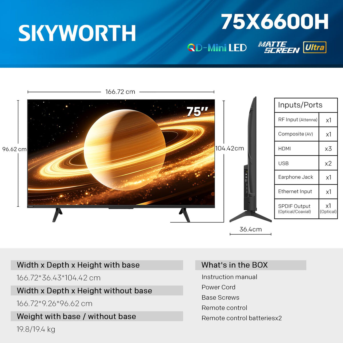 SKYWORTH 75X6600H 75-inch QD-Mini LED 4K Smart TV