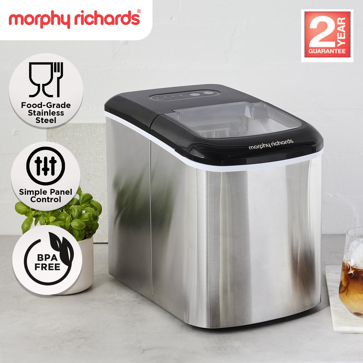 Morphy Richards Ice Maker Stainless Steel 15kg Small Large And Cube 2.1L Tank