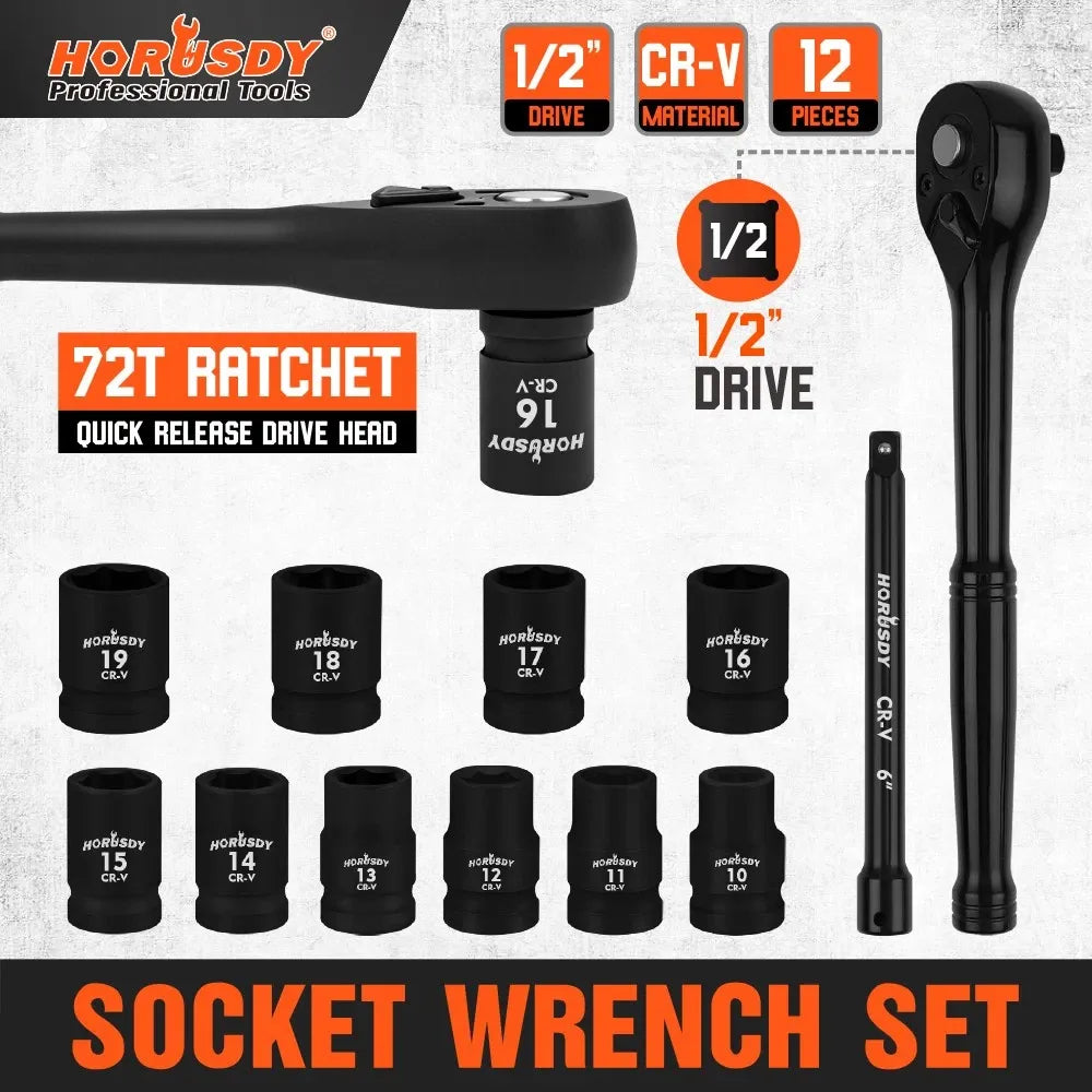 SEDY 12-Piece 1/2-Inch Metric Socket Set with 72-Tooth Ratchet