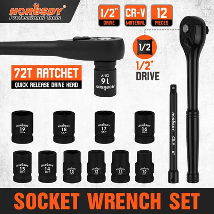 SEDY 12-Piece 1/2-Inch Metric Socket Set with 72-Tooth Ratchet