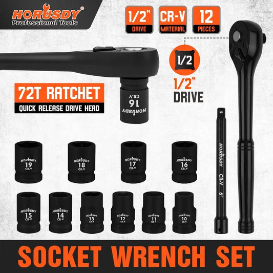 SEDY 12-Piece 1/2-Inch Metric Socket Set with 72-Tooth Ratchet