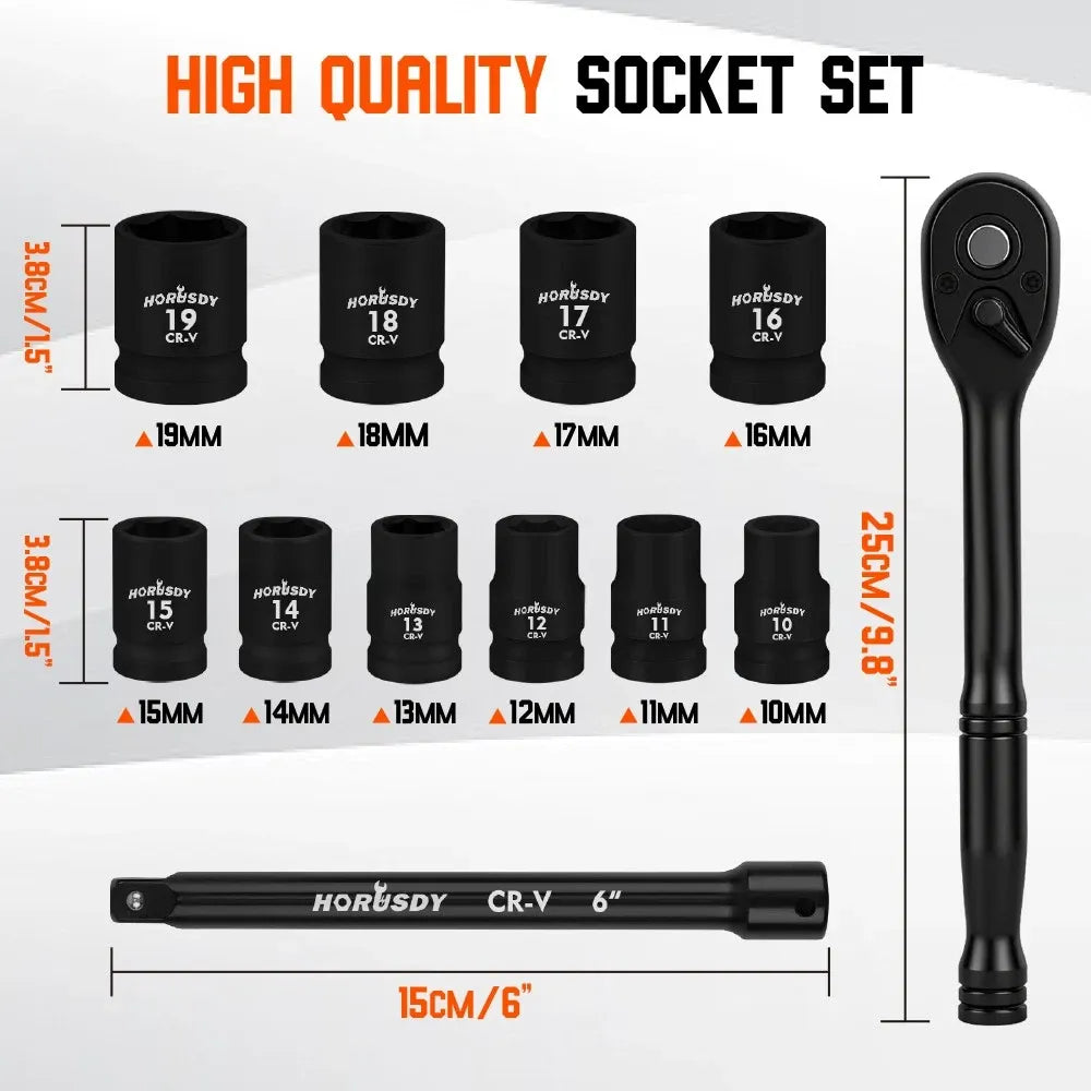SEDY 12-Piece 1/2-Inch Metric Socket Set with 72-Tooth Ratchet