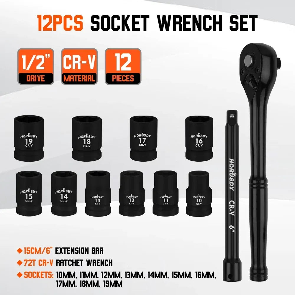 SEDY 12-Piece 1/2-Inch Metric Socket Set with 72-Tooth Ratchet