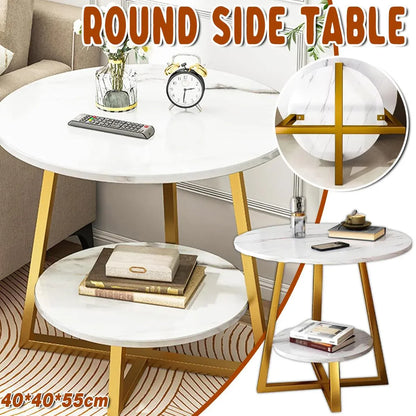 White Marble-Effect 2-Tier Round Side Table