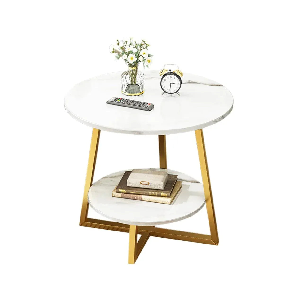 White Marble-Effect 2-Tier Round Side Table