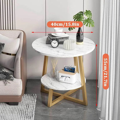 White Marble-Effect 2-Tier Round Side Table