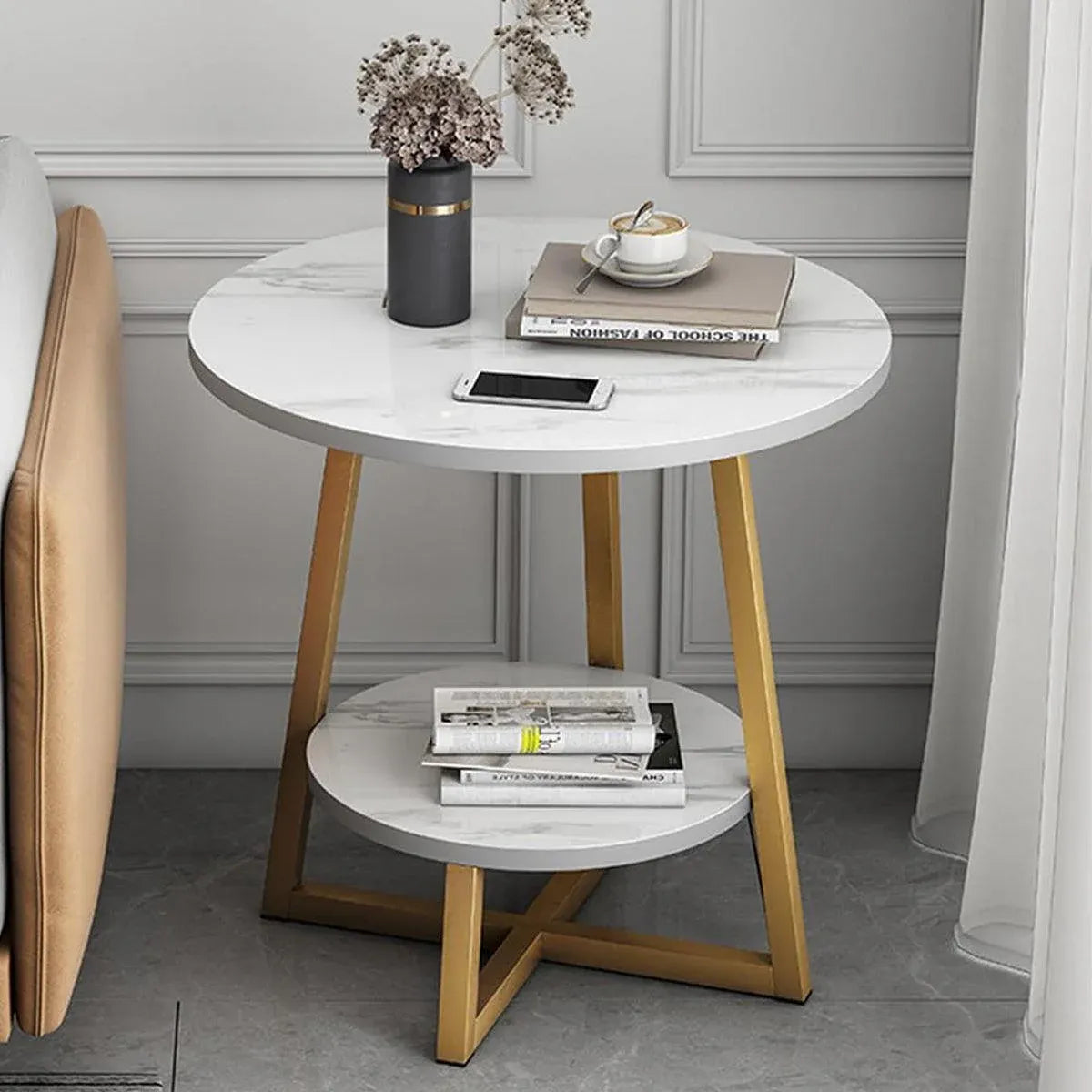 White Marble-Effect 2-Tier Round Side Table