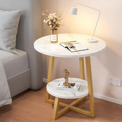 White Marble-Effect 2-Tier Round Side Table