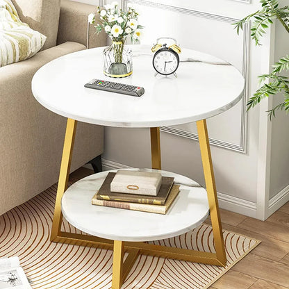 White Marble-Effect 2-Tier Round Side Table