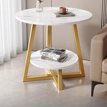 White Marble-Effect 2-Tier Round Side Table