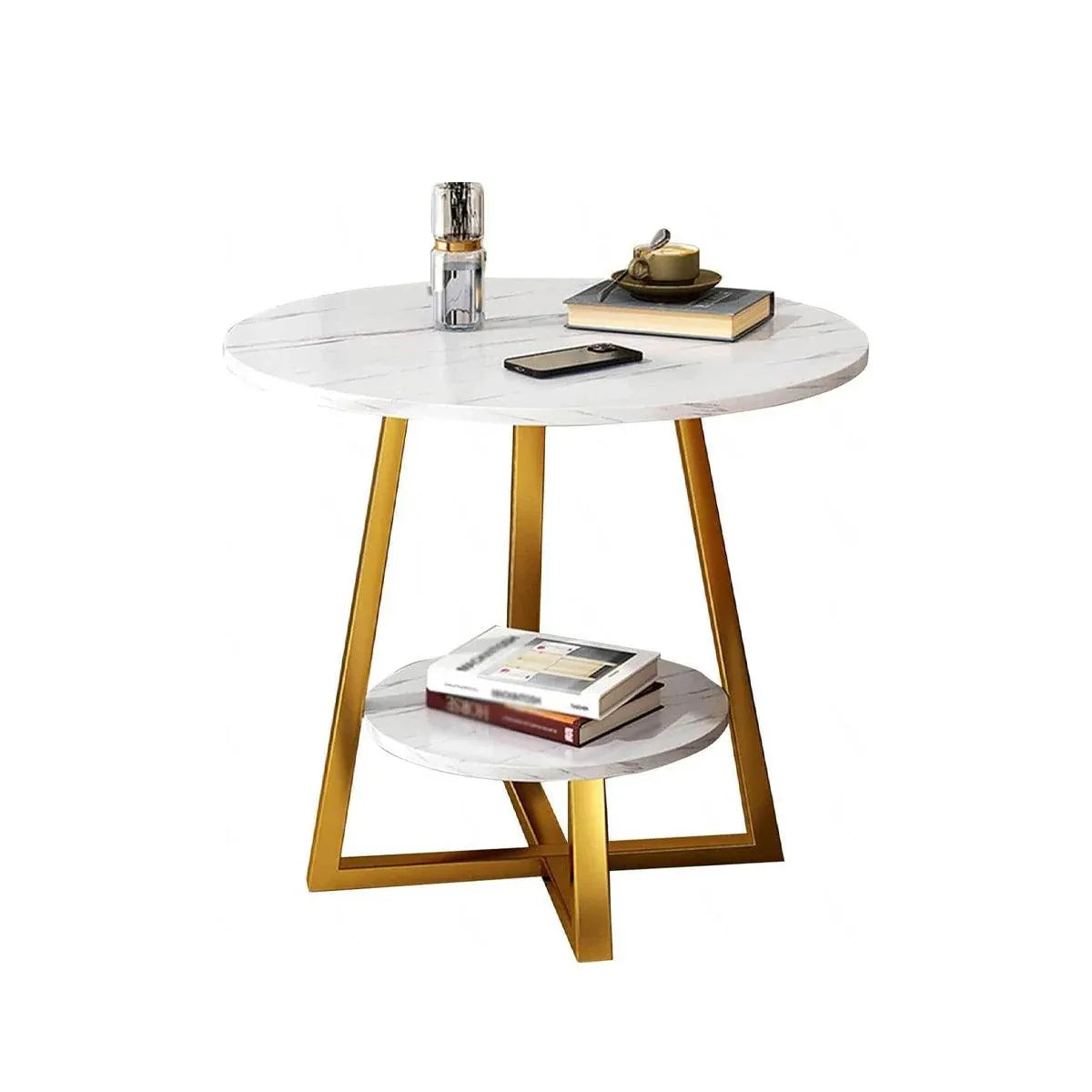 White Marble-Effect 2-Tier Round Side Table