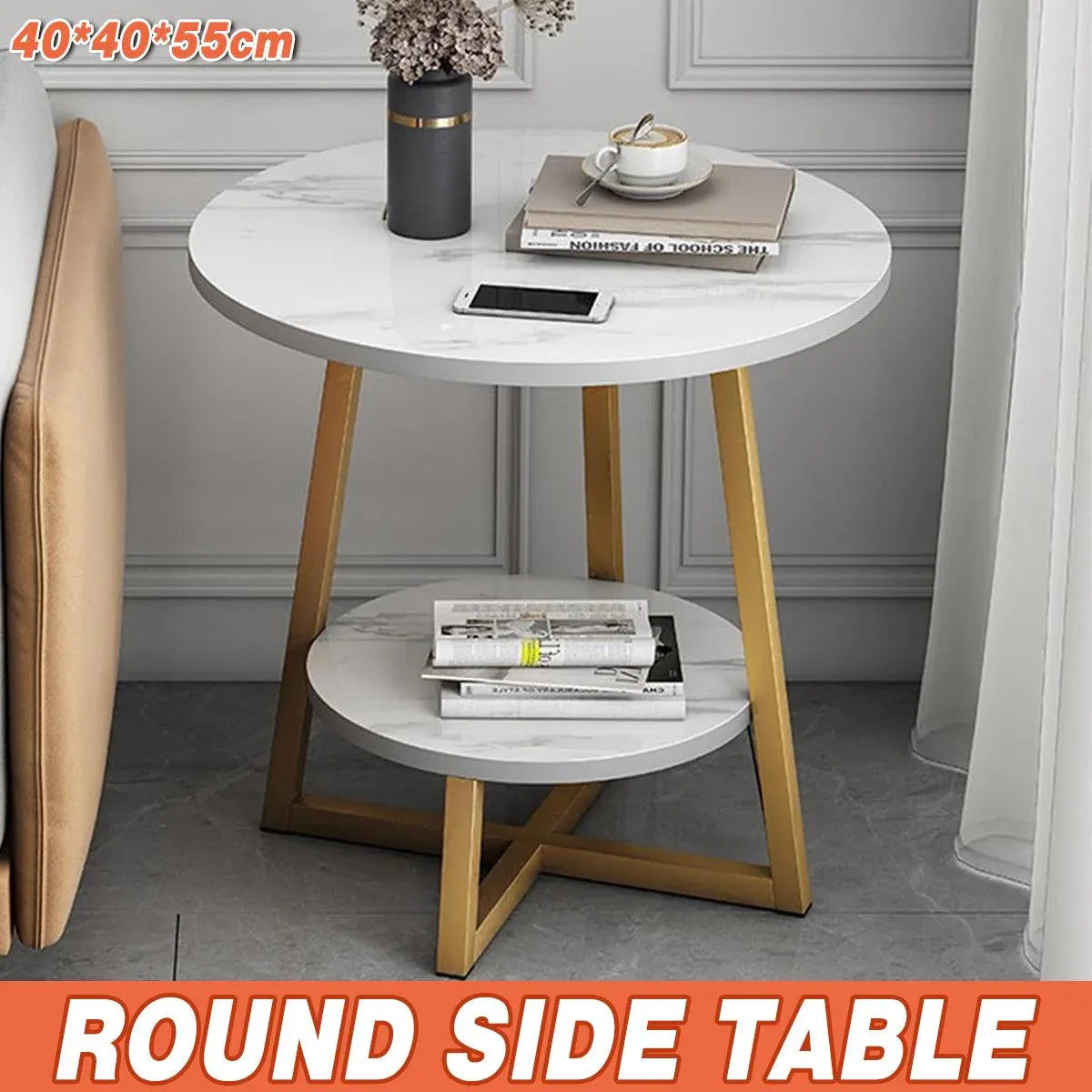 White Marble-Effect 2-Tier Round Side Table