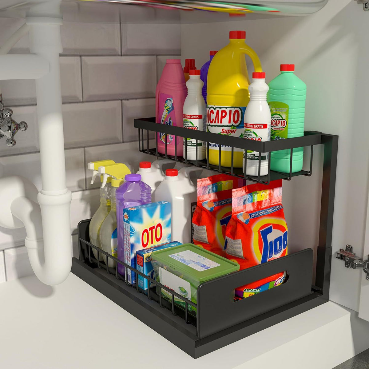 Heavy-Duty 2-Tier L-Shaped Pull-Out Under-Sink Cabinet Organizer
