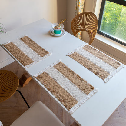 White-Green Bohemian Woven Dining Mat with Tassels(30X50CM) - Wrinkle-Resistant Striped Placemat for Wedding, Holiday & Outdoor Party