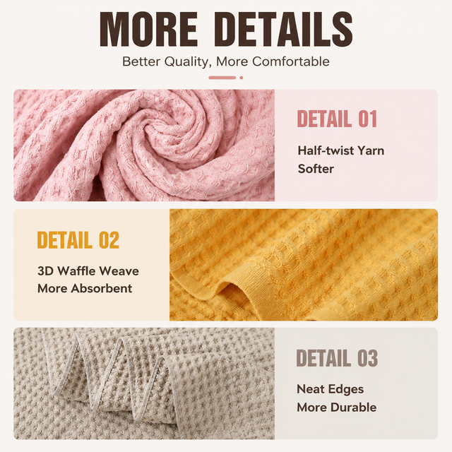 5 Piece Yellow Waffle Weave 100% Cotton Towel Set - Quick Dry Absorbent Bath Towel, 2 x Towels and 2 x Face Towels with Hanging Hook for Home and Guest Use