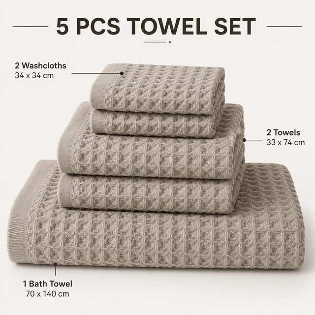 Luxury 5-Piece Waffle Weave 100% Cotton Quick-Dry Towel Set