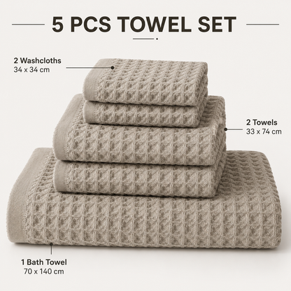 Luxury 5-Piece Waffle Weave 100% Cotton Quick-Dry Towel Set