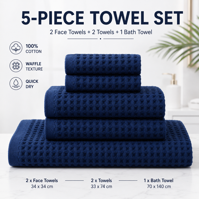 Luxury 5-Piece Waffle Weave 100% Cotton Quick-Dry Towel Set