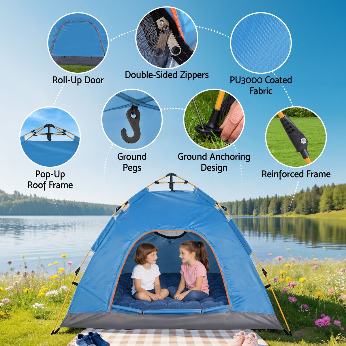 Weisshorn Instant Pop Up Camping Tent 2-3 Person Outdoor Hiking Tent Blue